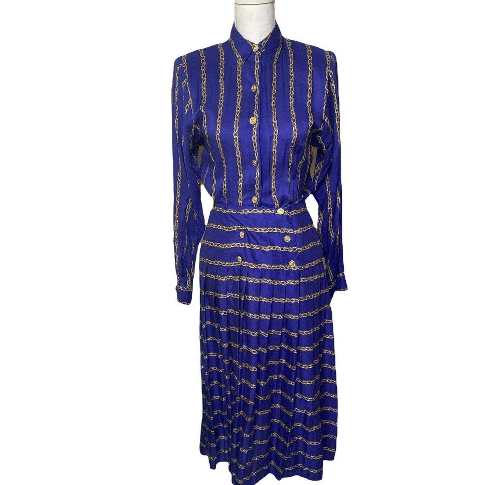 Vintage Maggy Boutique Striped Dress Womens size 4 Drop Waist Blue Periwinkle